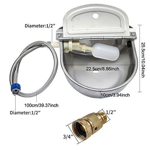 Automatic Waterer Metal Bowl with Dimensions and Hose Attachment