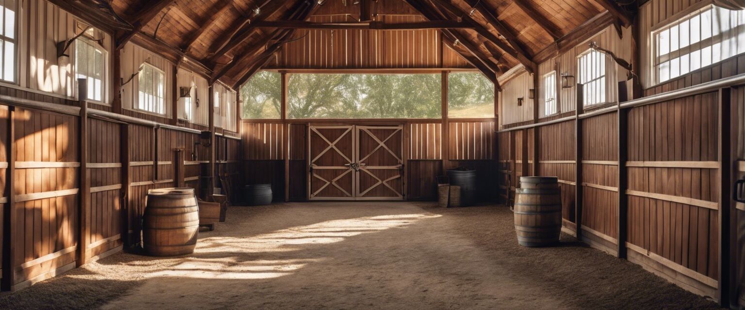 Interior of a horse barn showing stalls and storage