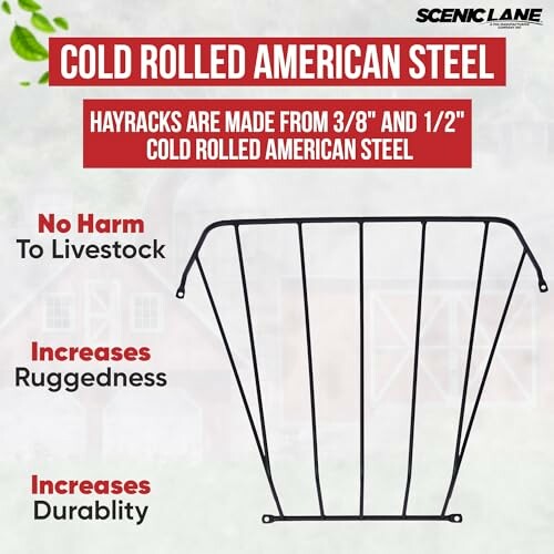 Cold rolled American steel hayrack with increased durability and no harm to livestock.