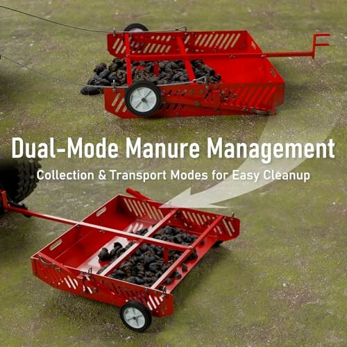 Red dual-mode manure management tool for collection and transport.