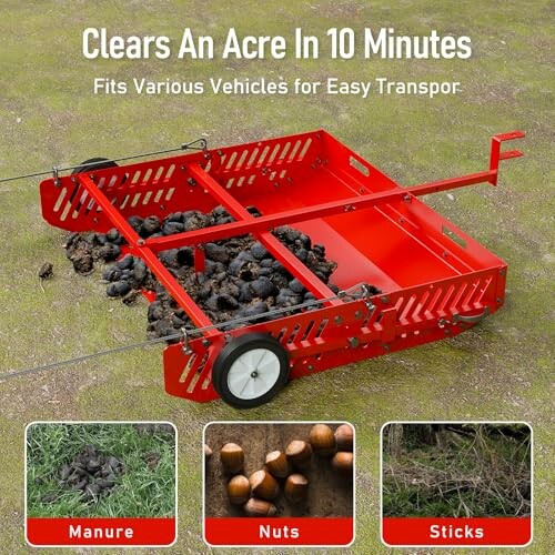 Red tool for clearing an acre in 10 minutes with sections for manure, nuts, and sticks.