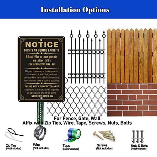 Installation options for equine facility sign with fence and hardware examples.