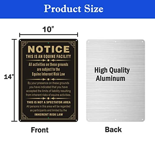 Equine facility notice sign with product size details.