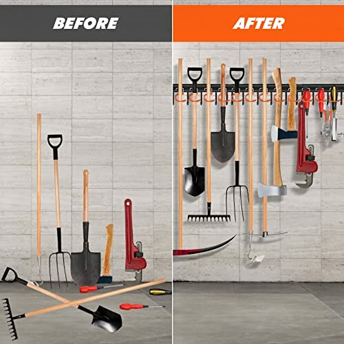 Before and after image of organized tools on a wall rack.