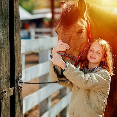 Girl hugging a horse at a stable