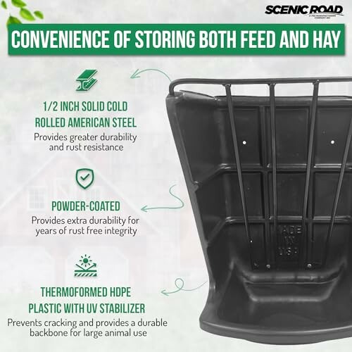 Storage bin for feed and hay with durability features highlighted.