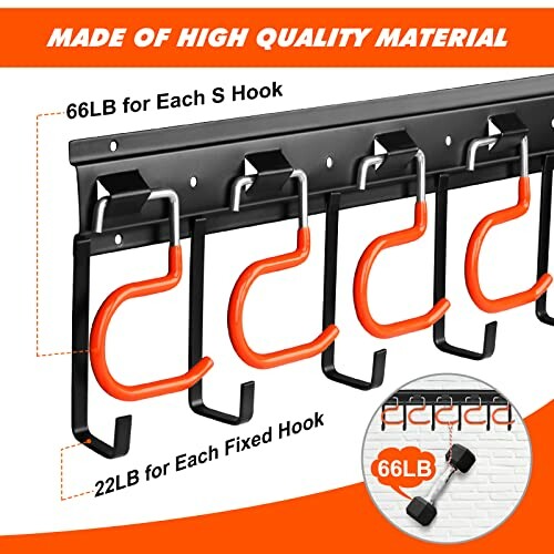 Heavy-duty wall-mounted garage hooks with weight capacity labels.