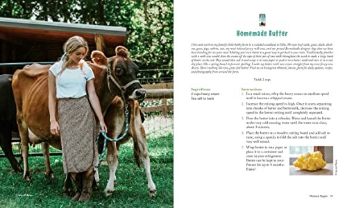 Woman with a cow and homemade butter recipe.