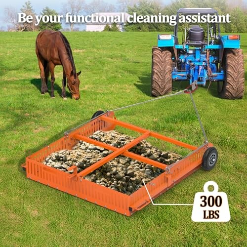 Lawn cleaning harrow attached to a tractor with a horse nearby.