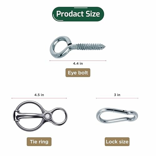 Image showing the sizes of an eye bolt, tie ring, and lock.