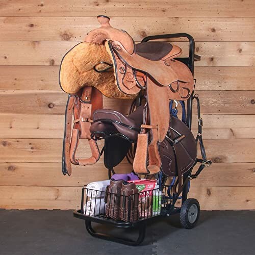 Saddle storage cart with leather saddle and supplies.