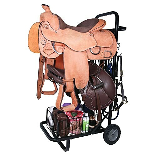 Horse saddle and tack cart with storage compartments.