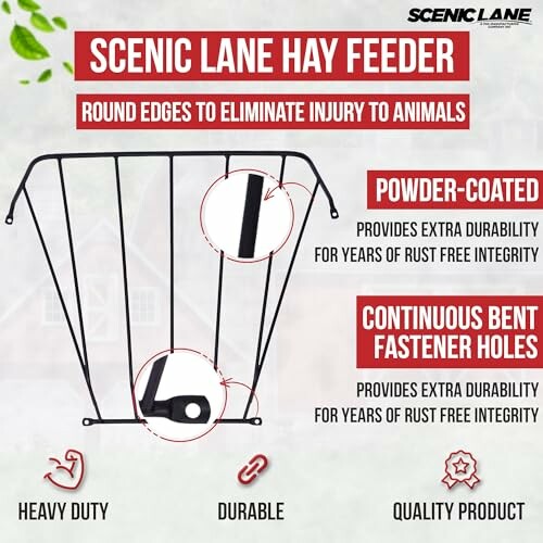 Scenic Lane hay feeder with powder-coated frame and continuous bent fastener holes.