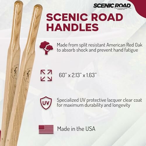 Scenic Road Handles made from American Red Oak with UV protective lacquer, size 60 x 2.13 x 1.63 inches, made in the USA.