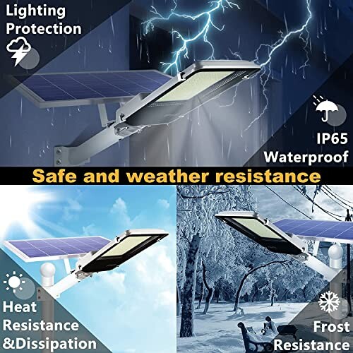 Solar light showcasing lightning protection, waterproof, heat and frost resistance features.