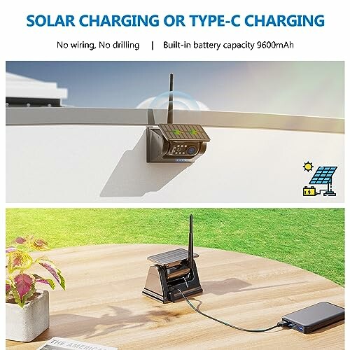 Device with solar and Type-C charging options, showing outdoor and table setup.