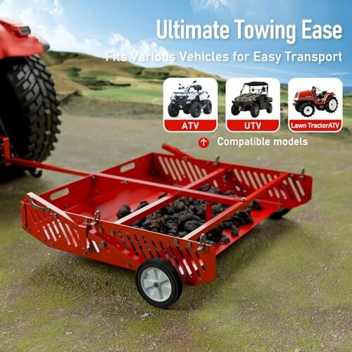 Red towing accessory on grass compatible with ATV, UTV, and lawn tractor.