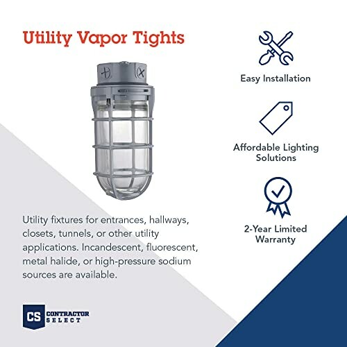 Utility vapor tight light with installation and warranty info.